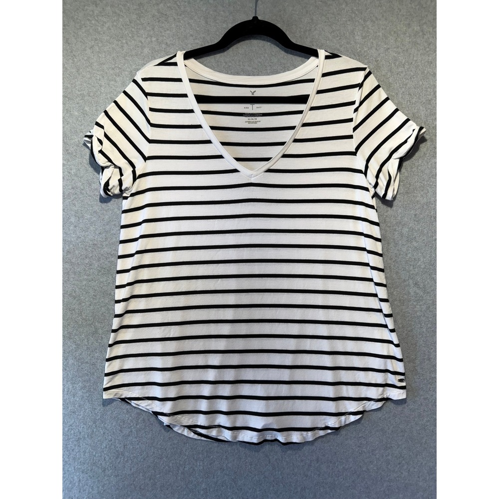 American Eagle Soft & Sexy Striped V-Neck T-Shirt Womens Medium White Black T